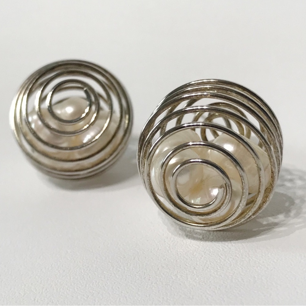 Vintage Sterling Silver 925 Wire Cage 6 Baroque Pearl Egg Basket Drop Earrings - Picture 15 of 16